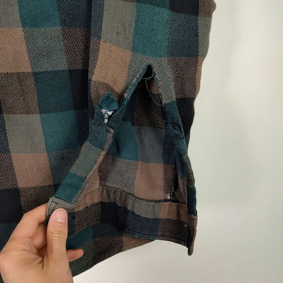 VTG Hickory Shirt Co green/tan plaid 1/4 zip distressed flannel mens M-Tall - Picture 2 of 9
